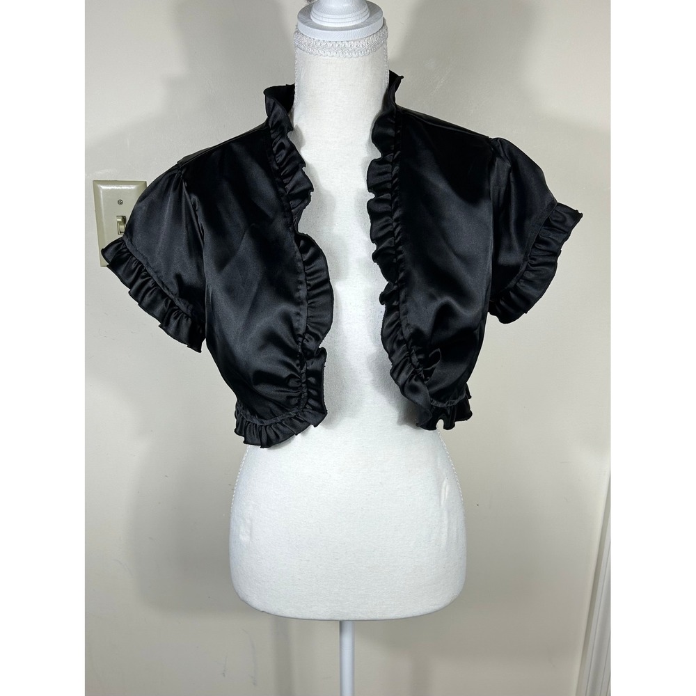 VTG Y2K Donutz Inc Satin Bolero Shrug Women L Black Ruffle Whimsigoth 90s USA